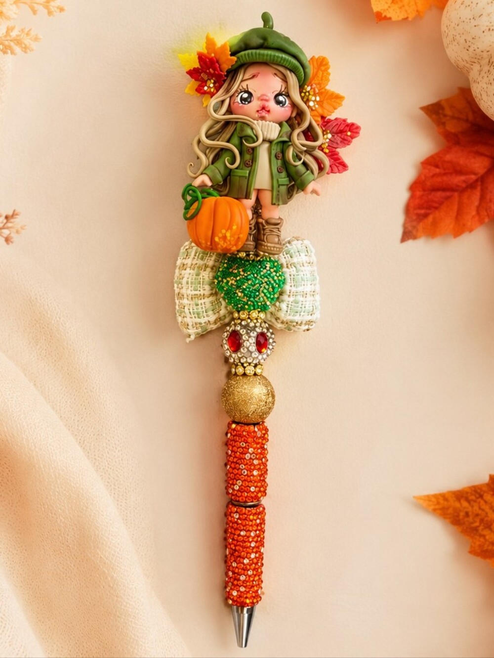 Handmade Fall Girl Luxury Beaded Pen 🍂 Pumpkin Clay Topper Rhinestone Journal P
